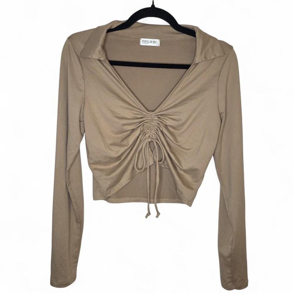Nude Beige Ruched Drawstring Crop Top Y2K Collar Long Sleeve Large